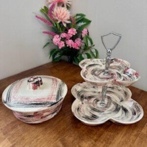Vintage MCM California Pottery 2-Tiered Stand and Covered Serving Dish – Retro C
